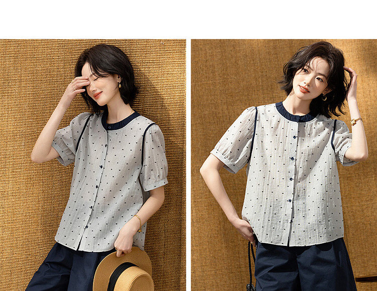 Demana [Smooth Lyocell] Summer Color-Block Bowknot Printed Round Neck Striped Short Sleeve Loose Petite Women's Shirt 11