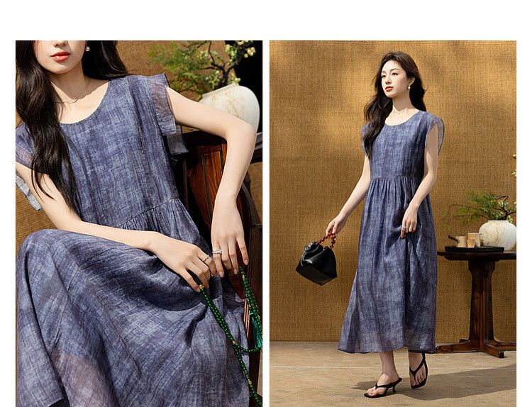 Demana [Breathable Tencel] Summer Ink-Style Print Round Neck Self-Tie Lightweight Dress for Women Premium Quality 7