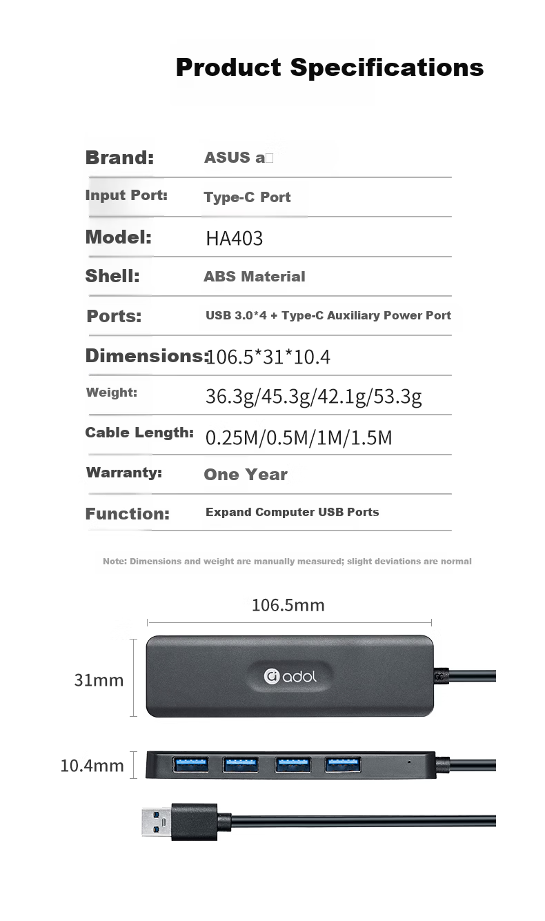 ASUS a USB Splitter USB 3.0 Adapter USB Expander USB Extension Cable Hub USB Dock Converter HA403 (1.5M) 12