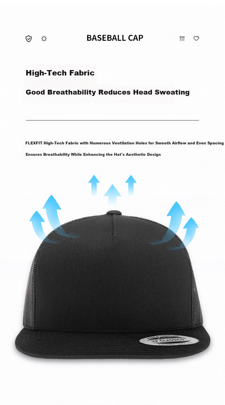 FLEXFIT Men's Imported Baseball Cap Summer Mesh High-Top Sun Protection Five-Panel Flat Brim Ins Trendy Mesh Hat 3