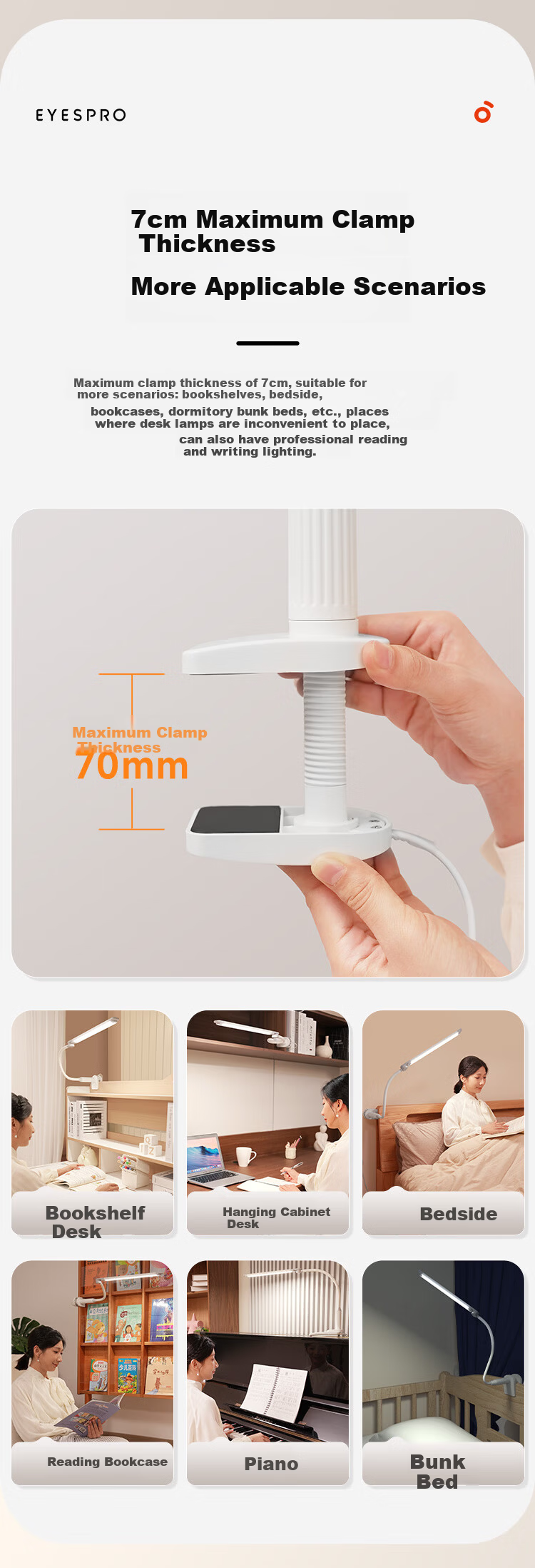 Haishibao Clip-On Eye Protection Desk Lamp Adjustable Bedside Reading Lamp for Students Dormitory Multi-Scene VL821A-D 8