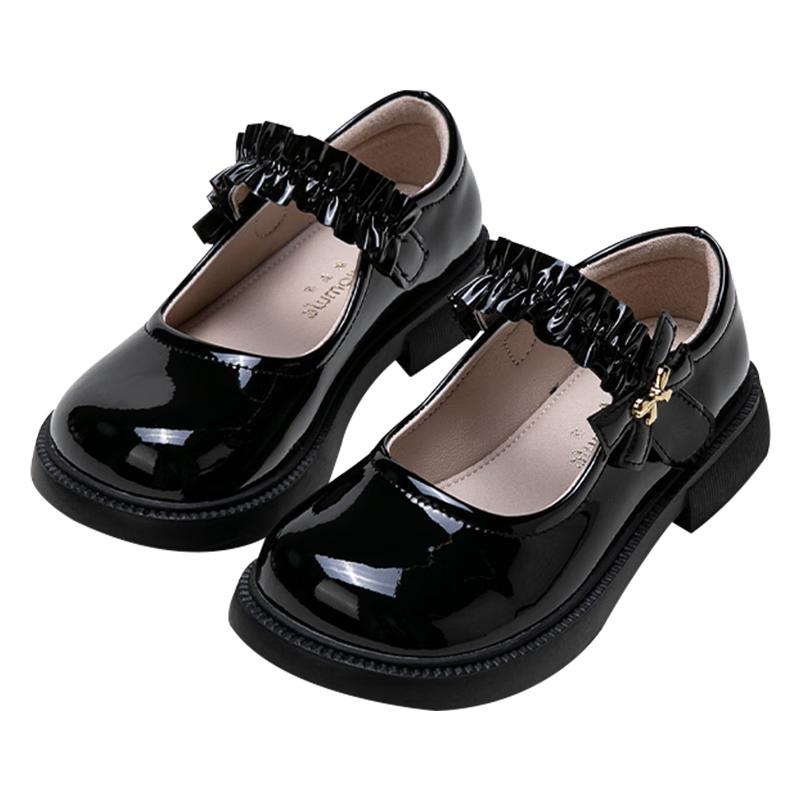 Follow Me Girls' Leather Shoes, Square Toe Breathable Soft-Soled Flats, Children's Fashion School Performance Mary Jane Shoes, Black, Size 28