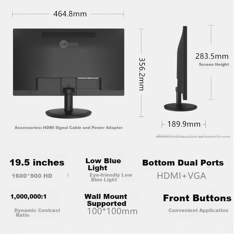 Lecoo Lenovo Laikuo 19.5-inch TN Panel Eye-care Low Blue Light Flicker-free Monitor HDMI+VGA Dual Interface Wall-mount Supported Computer Display B2022