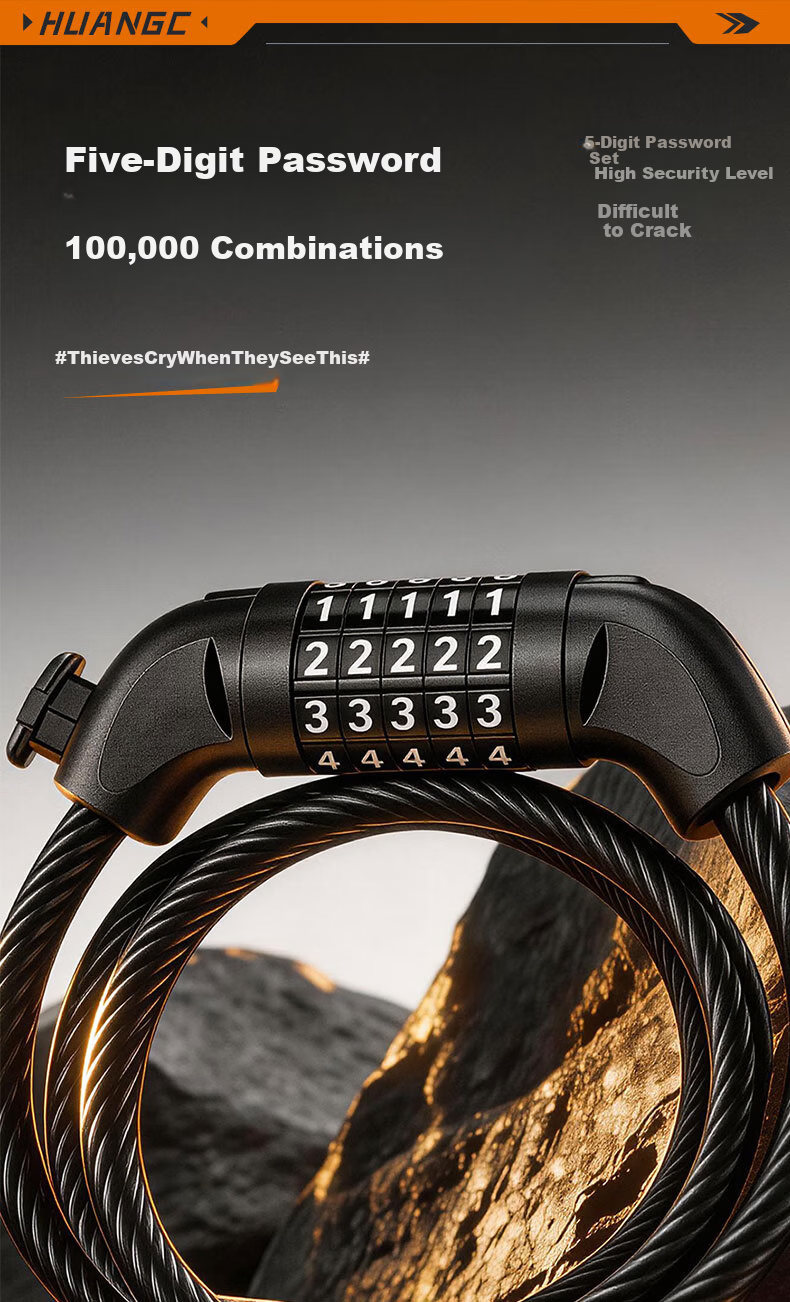Huangchi Bicycle Lock 5-Digit Combination Chain Lock for Electric Scooter, Glass Door, Road Bike, Mountain Bike Circular Lock 6
