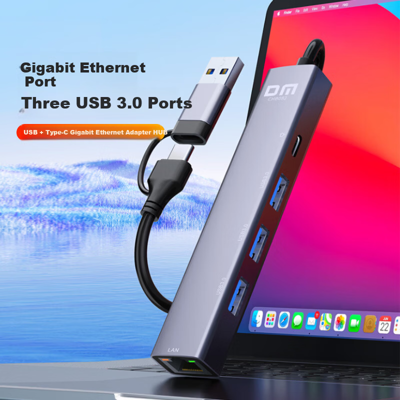 DM Damai USB 3.0/Type-C to Gigabit Ethernet Adapter USB-C Docking Hub Splitter Compatible with Apple Huawei Laptops and Desktops CHB082