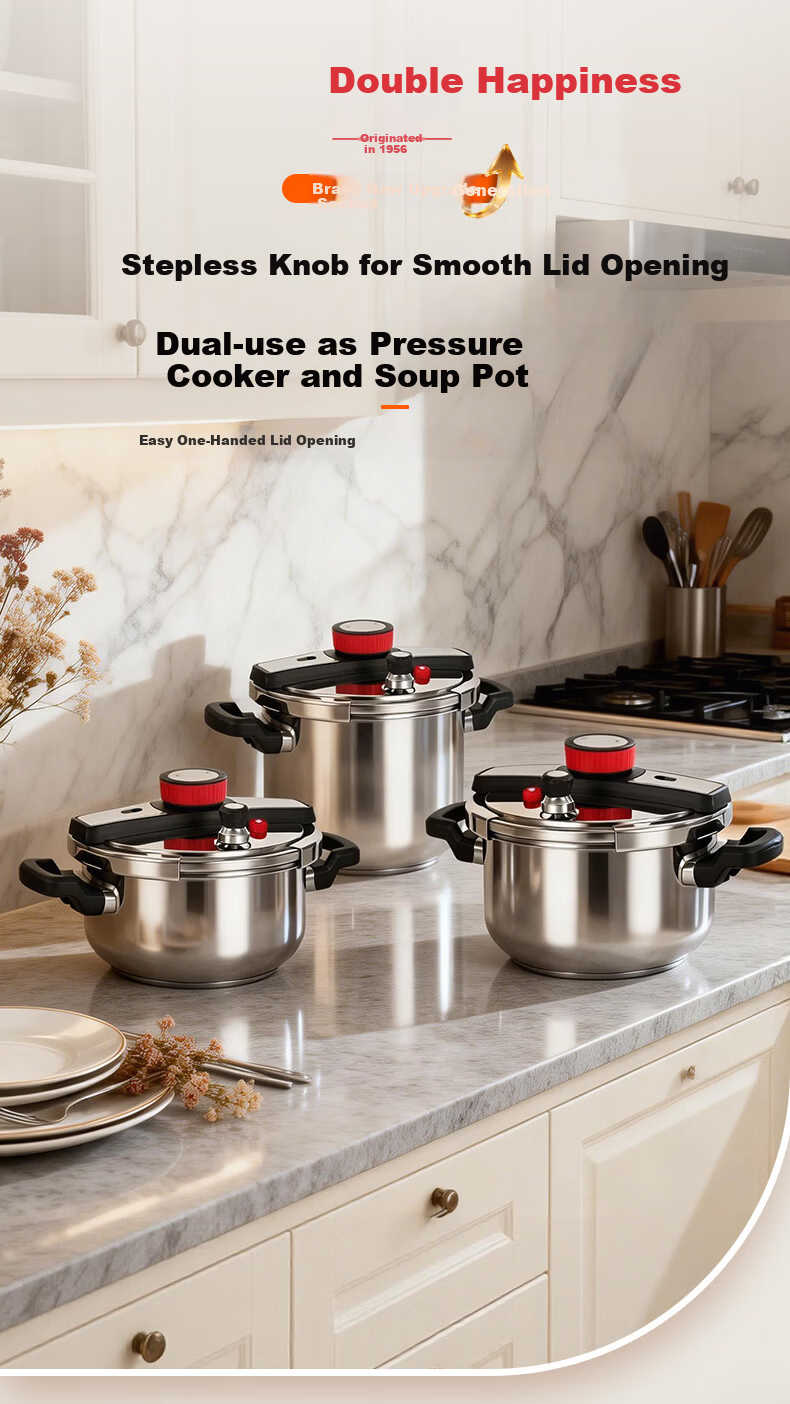 Double Happiness High-Pressure Cooker 304 Stainless Steel Gas and Induction Cooker Compatible Single-Hand Open Explosion-Proof Pressure Cooker 22CM/5L Cool Drive 1