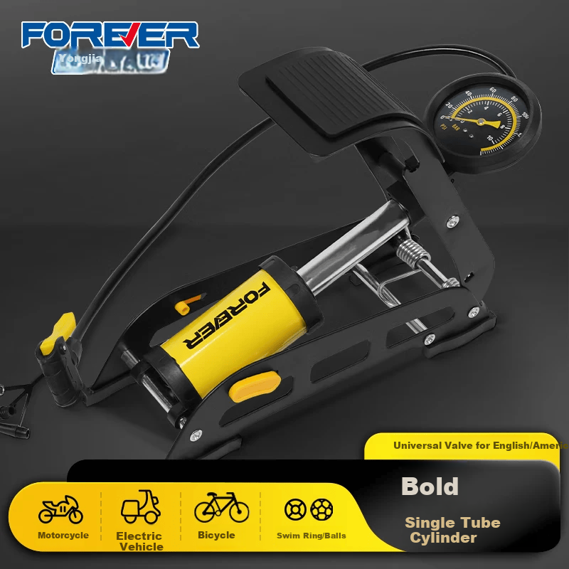 Forever Foot Pump High-Pressure Vehicle Inflator Household Air Compressor Thickened High-Pressure Single Tube 160PSI Yellow