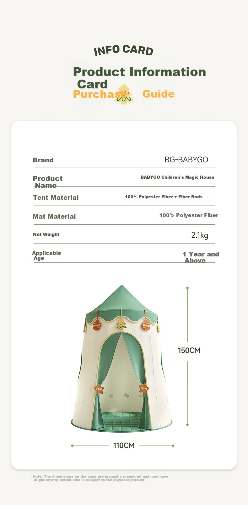 BG-BABYGO Kids Indoor Tent Playhouse Princess House Baby Outdoor Camping Small House Boys Girls Birthday First Year Gift 15