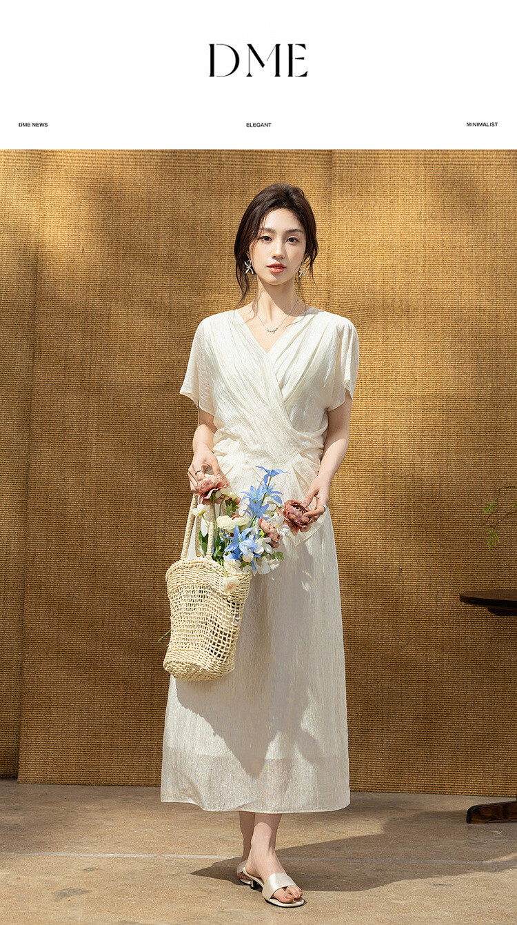 Demana Wrinkled Acetate Summer Elegant Luxury V-Neck Cross Waist Batwing Sleeve Lightweight Dress for Women High-End Feel 1