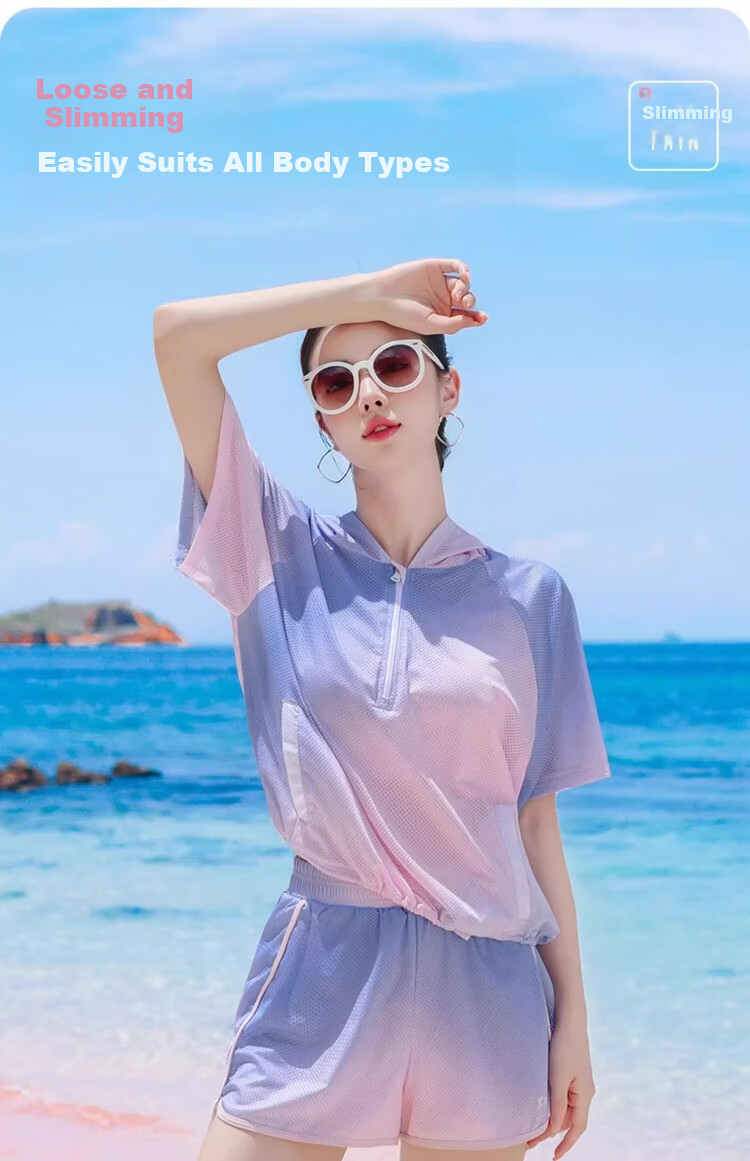 Xtep Women's Swimsuit High-End Comfortable Tummy Control Slimming Two-Piece Conservative Fashion Hooded Vacation Beach Three-Piece Set 4