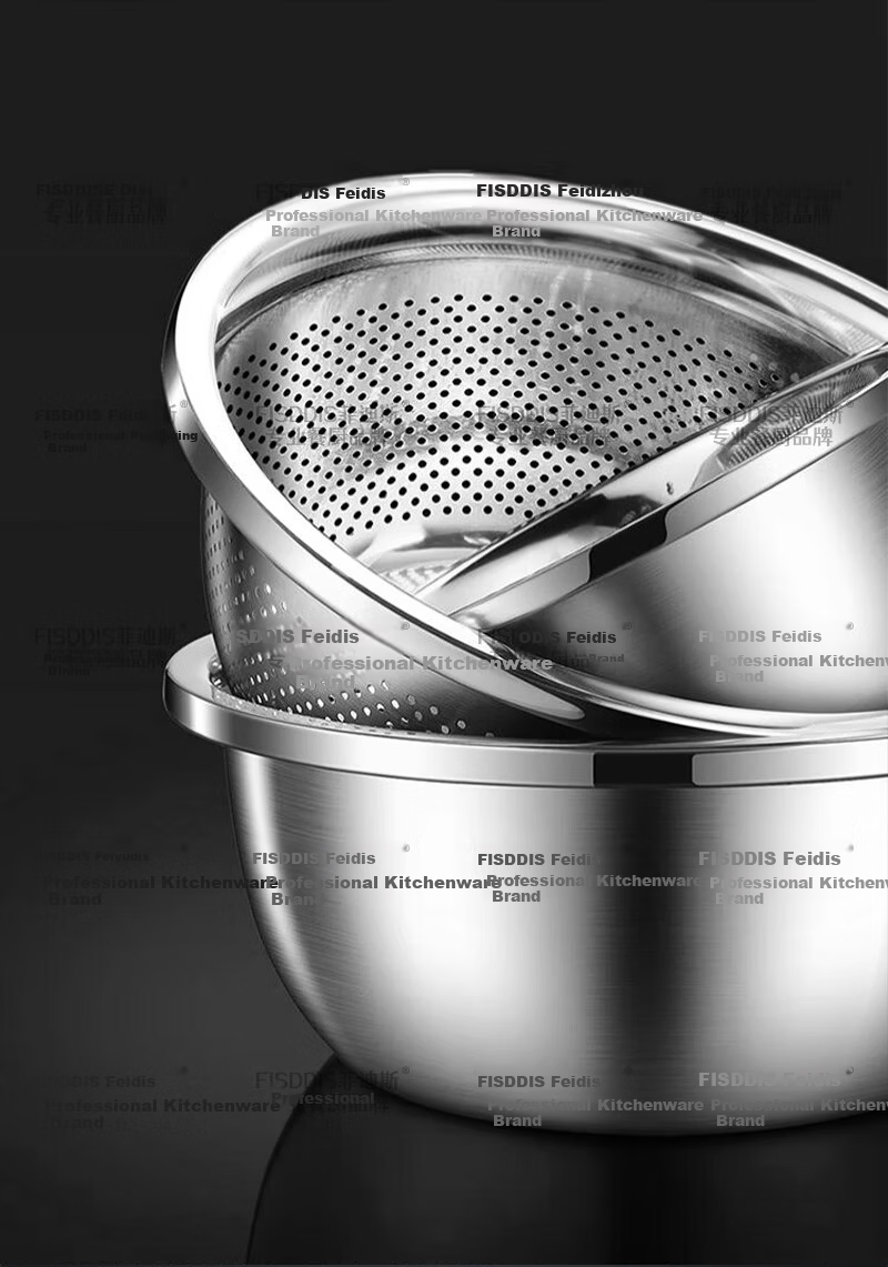 FISDDIS 304 Stainless Steel Bowl and Sieve 2-Piece Set Thick Soup Bowl Rice Washing Strainer Draining Basket 30cm Cooking Bowl LLPTZ-30 22