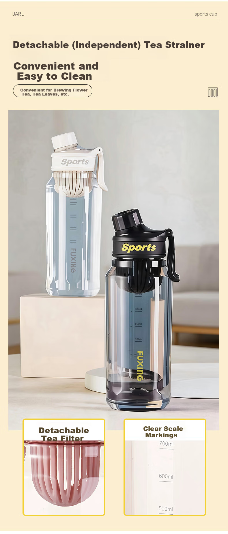 JIWUSENLIN Large Capacity Plastic Sports Water Bottle with Tea Infuser, Shatterproof Portable Fitness Mug for Men And Women, Co-Branded Black Editio 4
