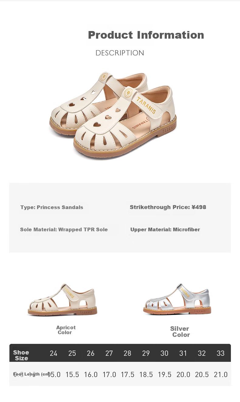 TARANIS Kids Princess Sandals Summer New Girls Soft Sole Anti-Friction Fashion Versatile White Leather Shoes Size 29 6
