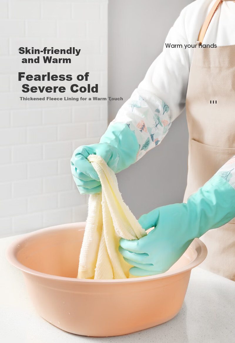 Maryya Gloves Dishwashing Fleece-Lined Latex 1 Pair One Size 49cm Extended Winter Warm Durable Household Kitchen Laundry 4