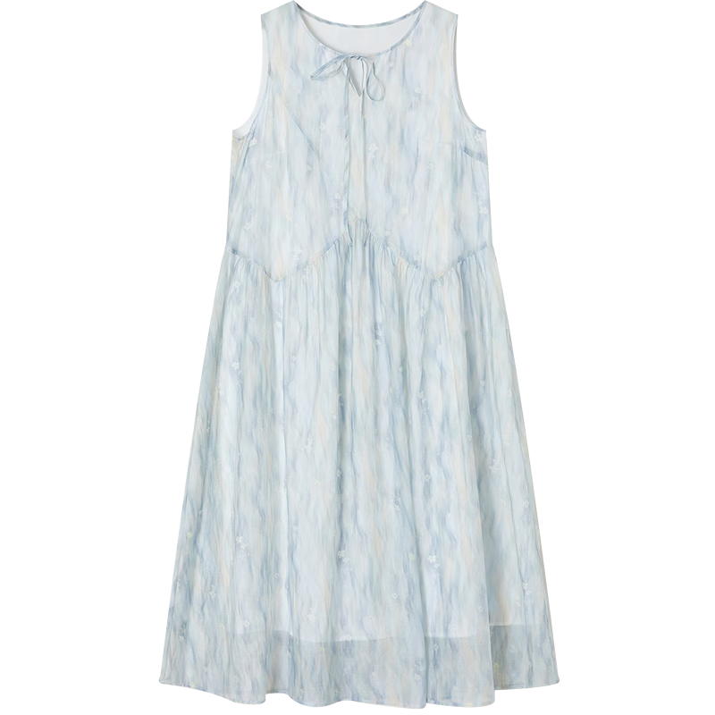 Demana [Refreshing Lyocell] Summer Vacation Style Tie Round Neck Sleeveless Loose Slim Dress for Petite Women