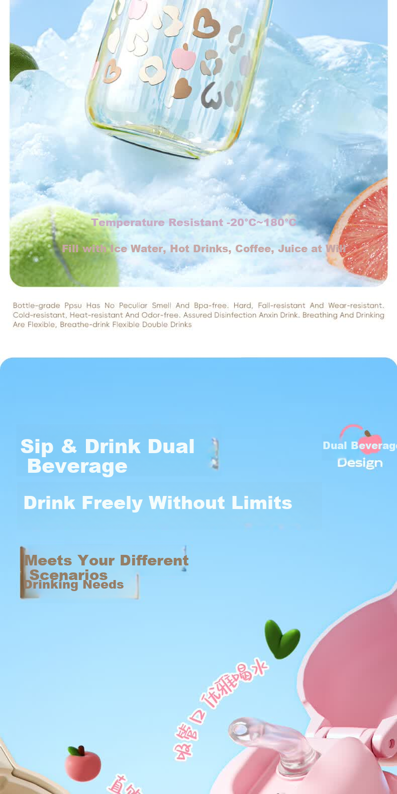 Cille Large Capacity Student Sports Water Bottle Outdoor Fitness Dual Drinking Straw Cup Portable Car Water Bottle for Men and Women 3