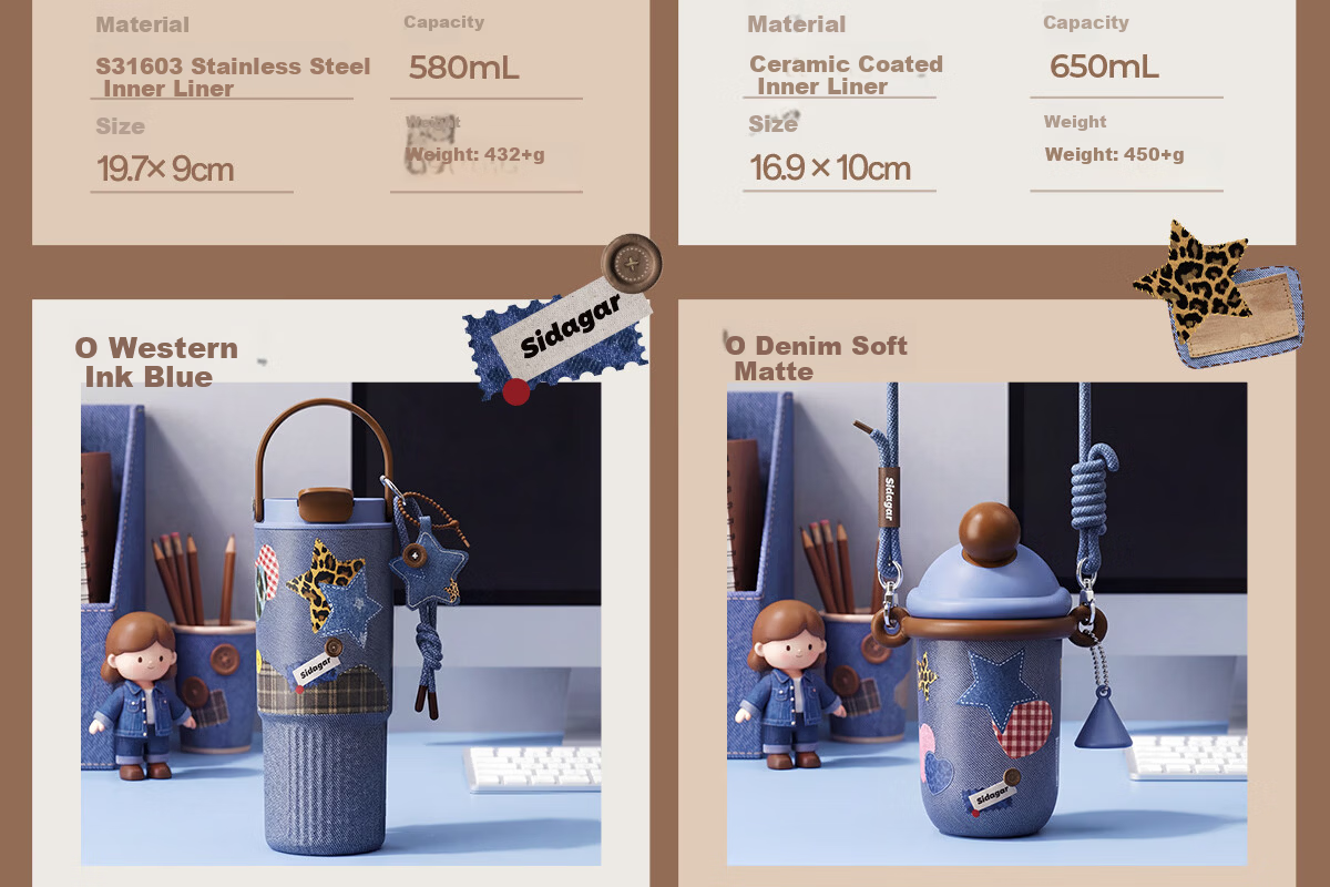 Shida Home Insulated Water Bottle for Women Denim Series Straw Cup Portable High-Value Large Capacity Stainless Steel Car Mug 26