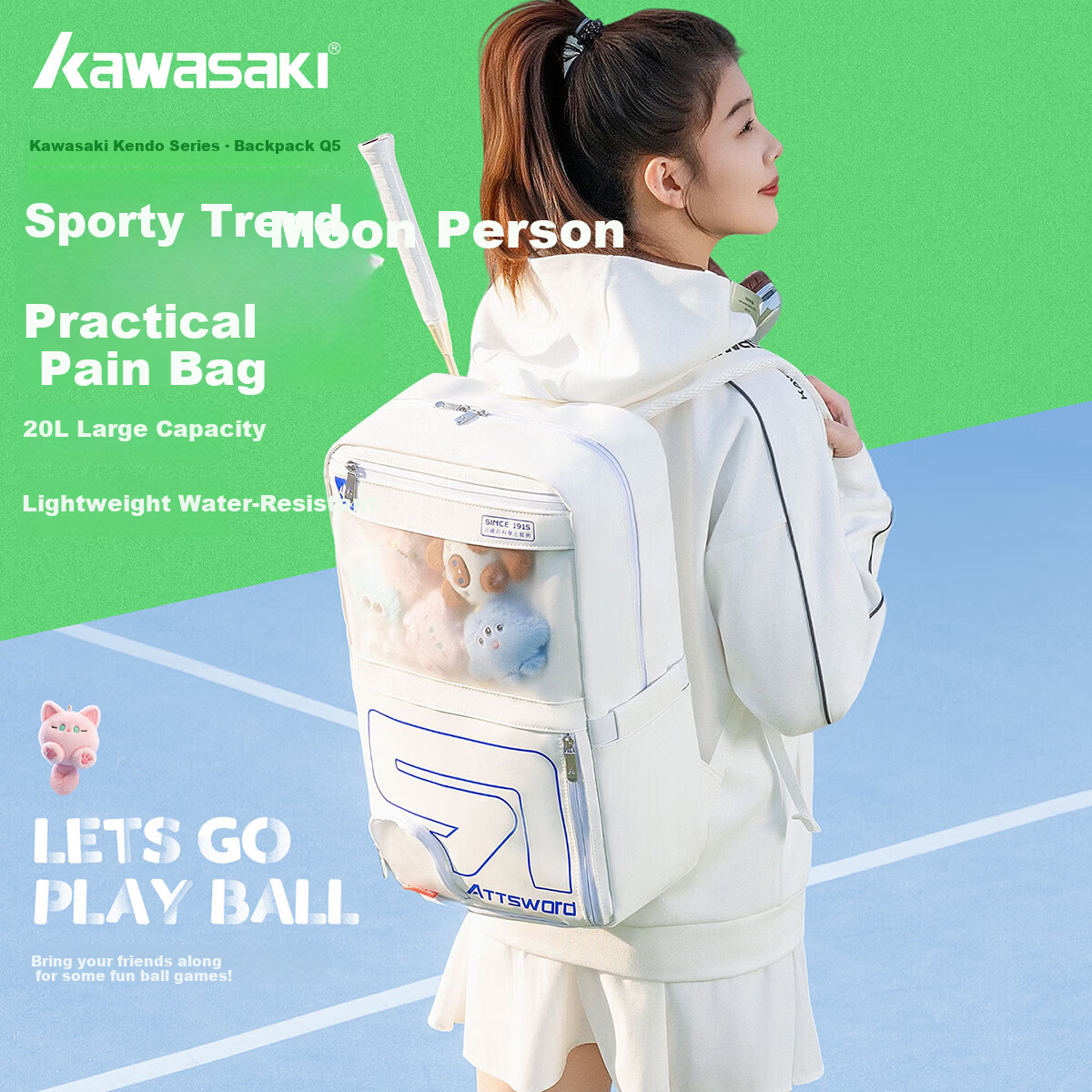 KAWASAKI Badminton Backpack Large Capacity Waterproof Independent Shoe Compartment New Model Q5 White