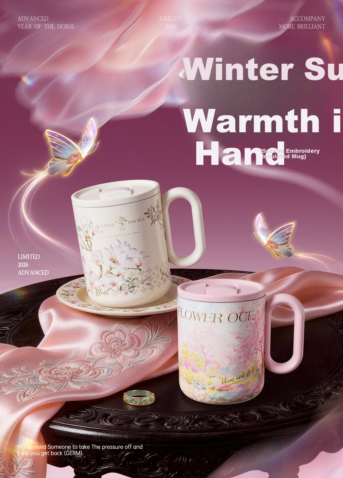 Germ Intangible Cultural Heritage Su Embroidery Mark Insulated Mug High-Value Office Water Cup Tea Cup Women's Gift Cup 450ML Magnolia 1