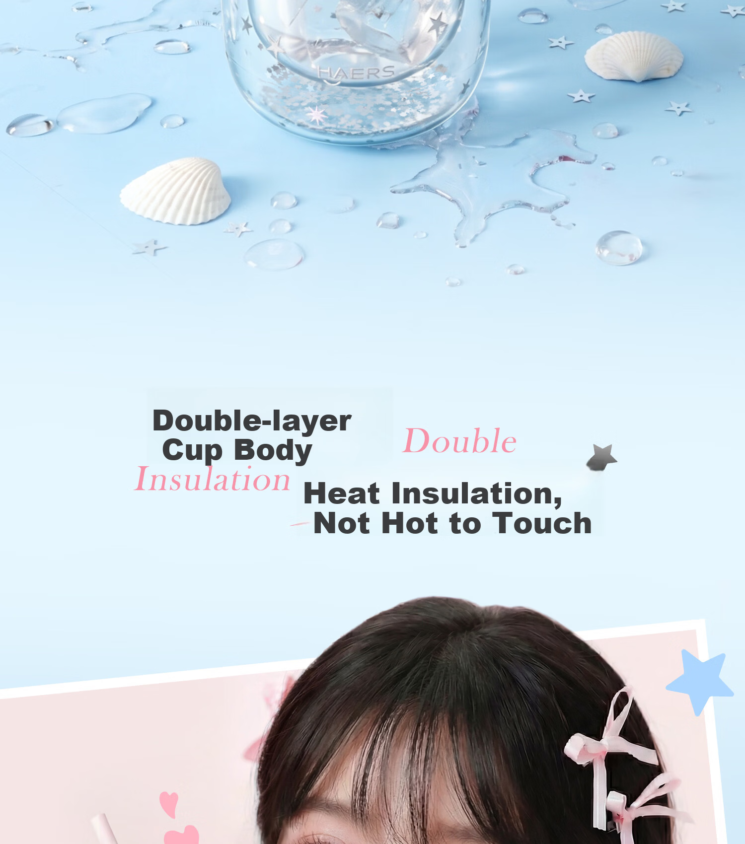 HAERS Double-Layer Bowknot Glass Cup High-Value Desktop Water Cup Girls Straw Cup (Pink) 450ml 5