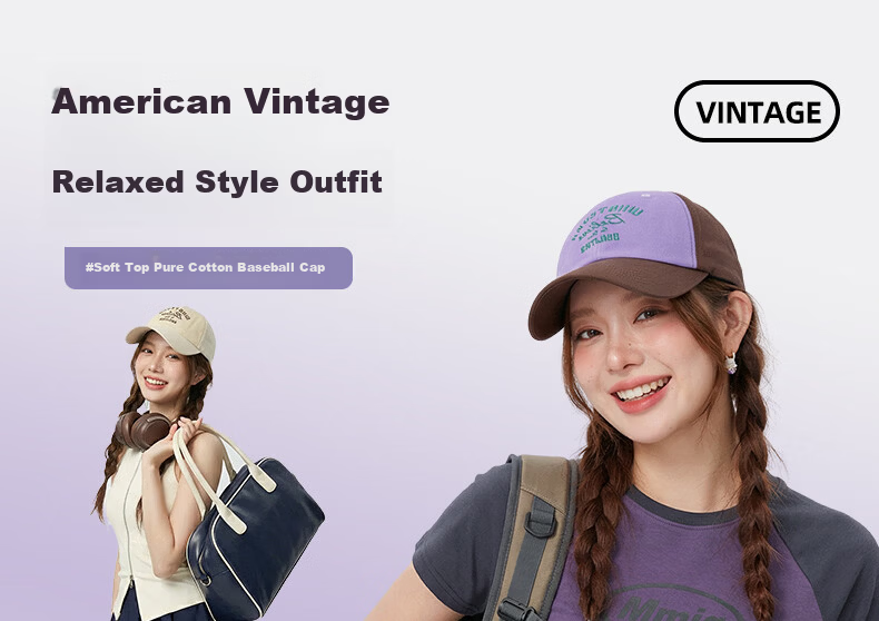 CACUSS Colorblock Baseball Cap for Women Spring New Letter Embroidered Vintage American Sunshade Slim Face Blue-Purple 3