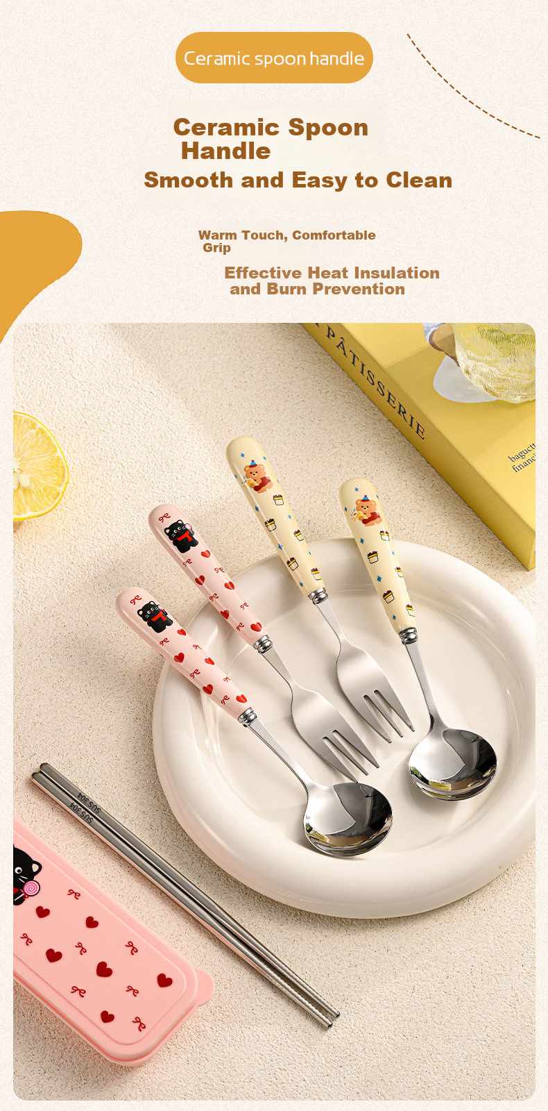 Cilock Portable Chopsticks and Spoon Set 304 Stainless Steel Balloon Dog Three-Piece Lunchware for Students and Office Workers 6