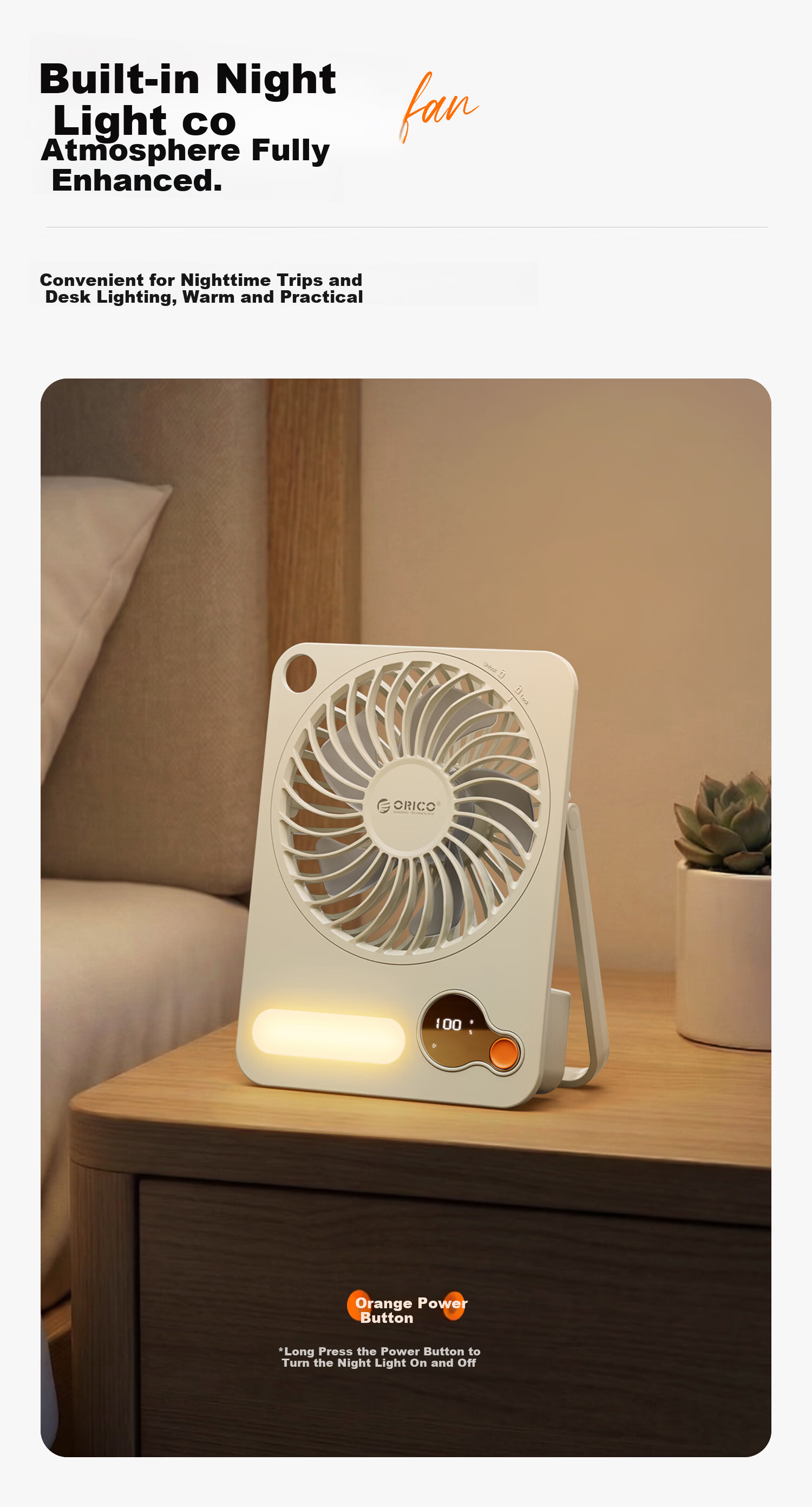 ORICO Desktop USB Rechargeable Quiet Portable Long Battery Life Wall-Mounted Mini Fan with Night Light for Office Student Dormitory Home Bedroom Outdoor Small Fan dFAN2 9