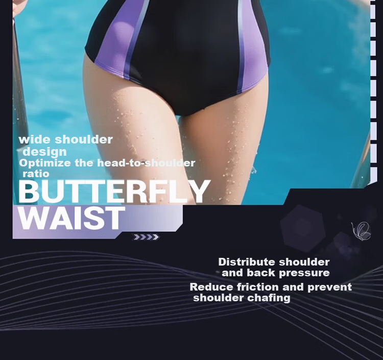 ANTA Slim Waist Women's One-Piece Swimsuit, Triangle Competitive Racing Swimwear, Slimming, Tummy Control, Quick-Dry Swimwear, Black And Silver, XL 10