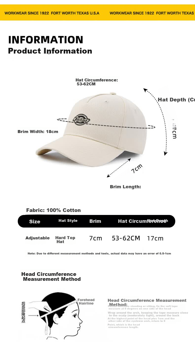 Dickies Deep Crown Hard Top Baseball Cap Small Face Unisex Sun Protection Outdoor Beige Duckbill Hat 2