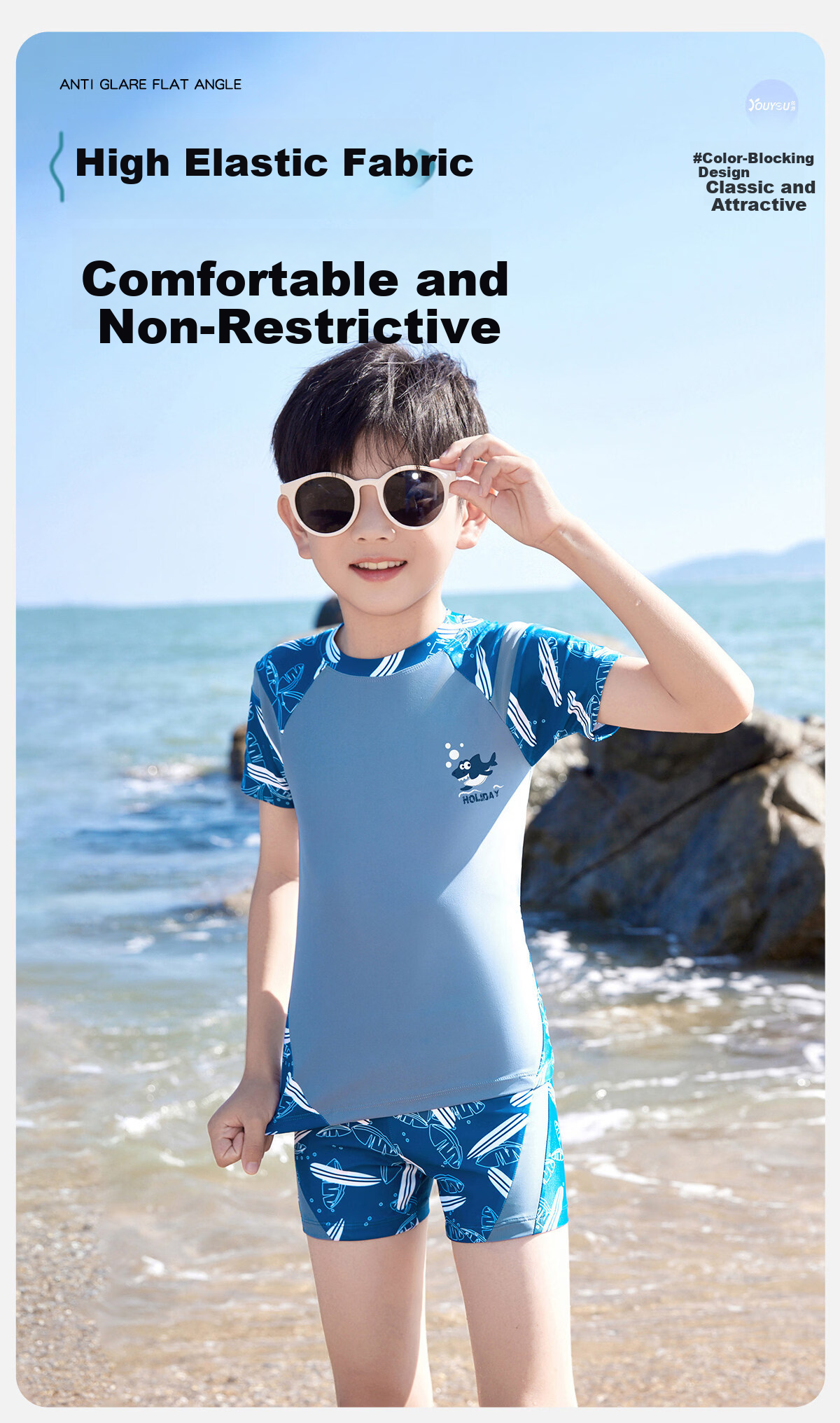 Youyou Kids Boys Short Sleeve Two-Piece Sun Protection Swimwear Professional Training Four-Piece Set 35121 Yellow 5XL 2