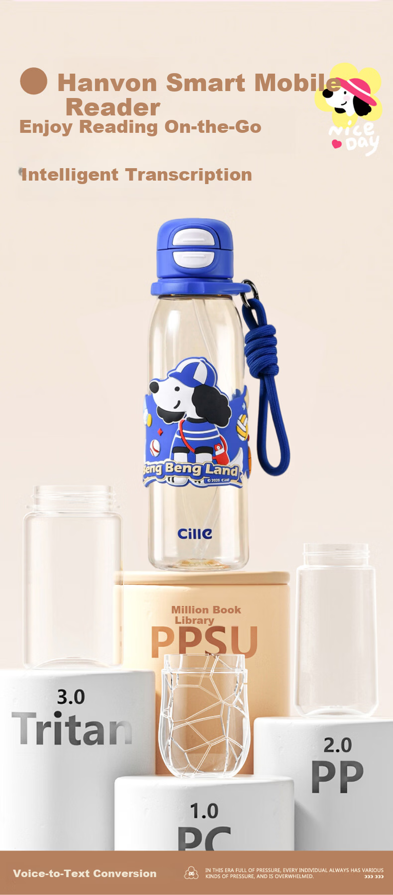 Cille Children's Water Bottle Portable Dual-Use PPSU Plastic Drinking Cup for Girls School Backpack Baby Durable High-Temperature Resistant 2