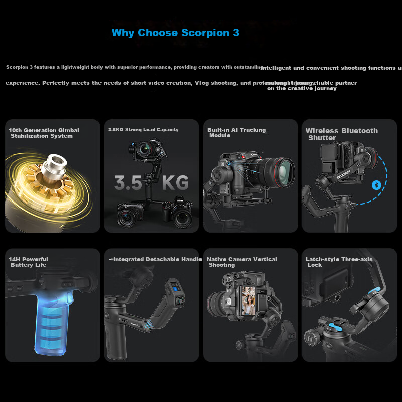 FeiyuTech Scorpion 3 Professional 3-Axis Stabilizer for Mirrorless and DSLR Cameras Live Streaming Handheld Gimbal AI Tracking Camera Stabilizer
