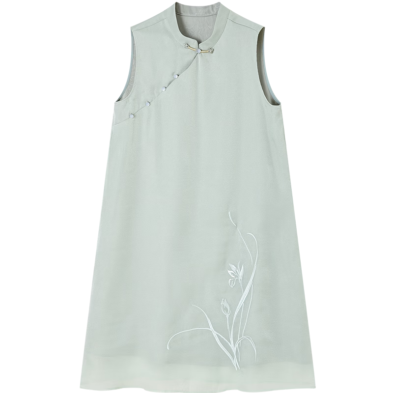 Demana Green Window Screen Summer National Style New Chinese Satin Embroidered Frog Button Sleeveless Slim Dress for Petite Women