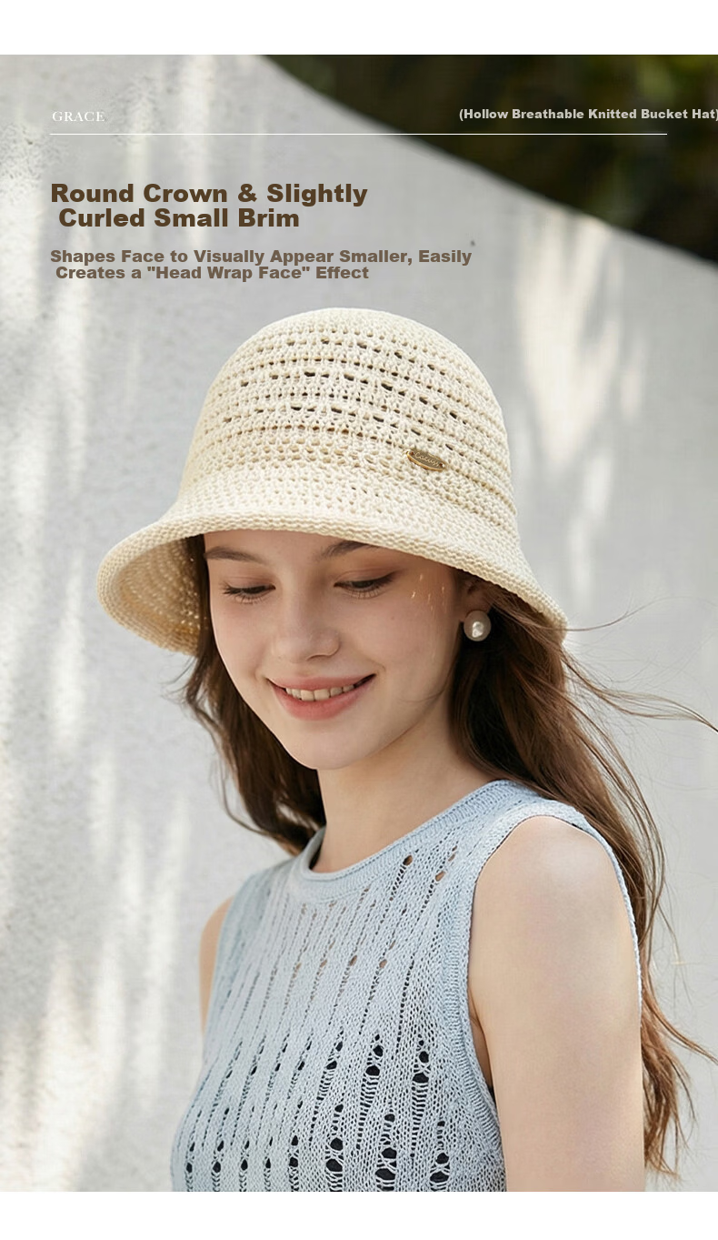 CACUSS Hollow Weave Sun Hat for Women Summer Outdoor Face-Slimming Retro Breathable Bucket Hat Khaki 5