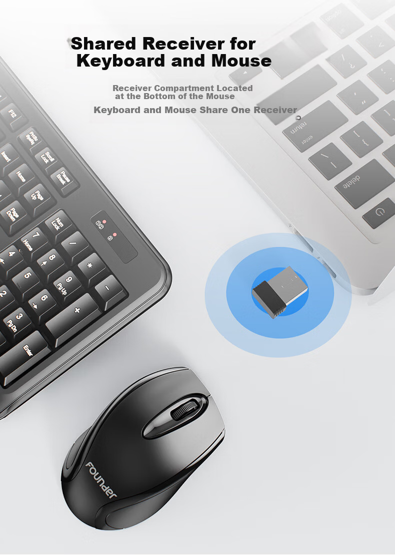 Founder W6202 Classic Black Ultra-thin Waterdrop Keycaps Wireless Keyboard and Mouse Set Lightweight Silent Office Business Keyboard and Mouse for Laptop and Desktop 9