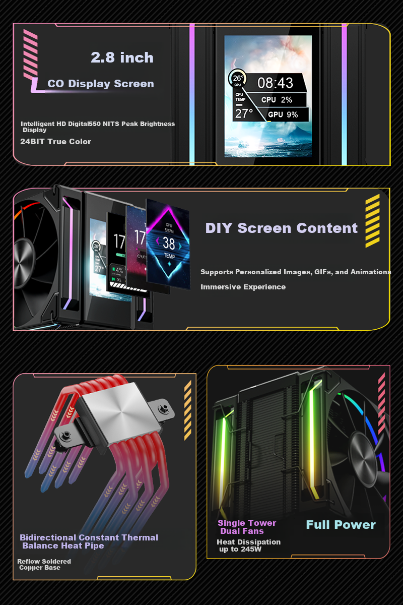 PowerTrain Unknown Player MK8 Black CPU Air Cooler with Screen, 6 Copper Heat Pipes, ARGB Sync, Dual Fans for Desktop PC, 1851/1700/AM4/AM5 2