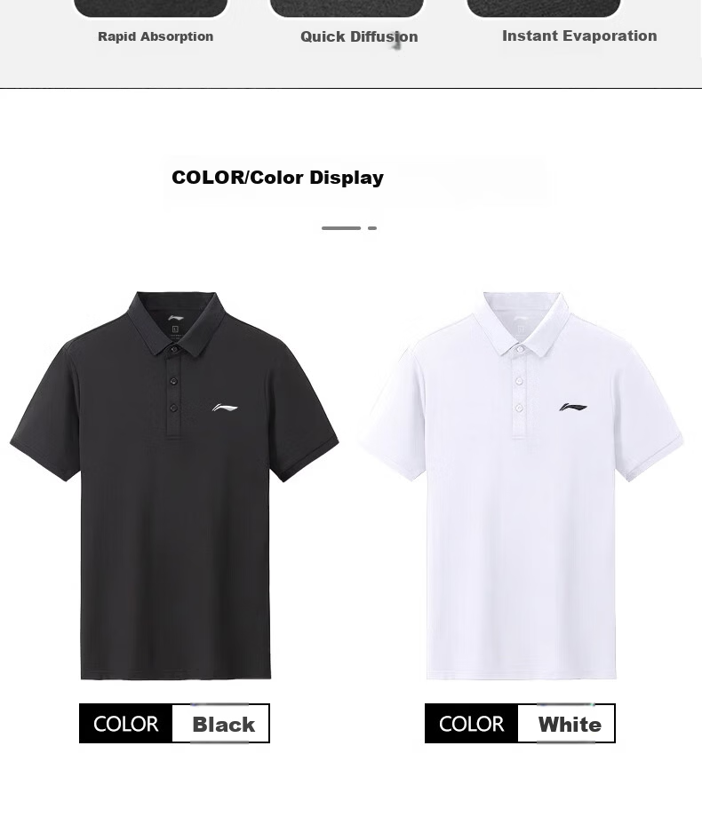 Li-Ning Polo Shirt Short Sleeve for Men, 2025 New Style T-Shirt, Summer Quick-Dry Collared Sports Business Wear, Customizable Black 14