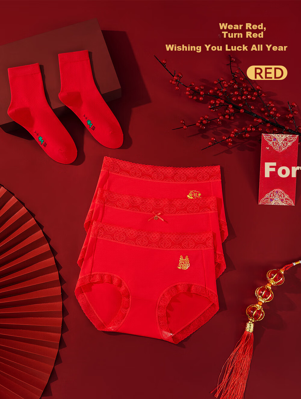 GUJIN Women's Red Underwear Set for the Year of the Snake, Mid-Waist Antibacterial Cotton Briefs and Socks for Marriage Year 2