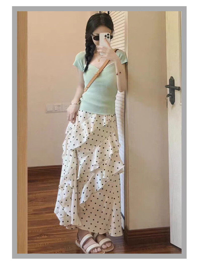 Langsha Polka Dot Women's Skirt 2026 New Ruffle Hem High Waist Slim A-Line White Irregular Skirt 17
