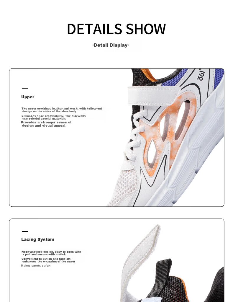 361° Kids Sports Shoes Summer 26 Boys Girls Lightweight Breathable School Running Shoes White Size 39 25