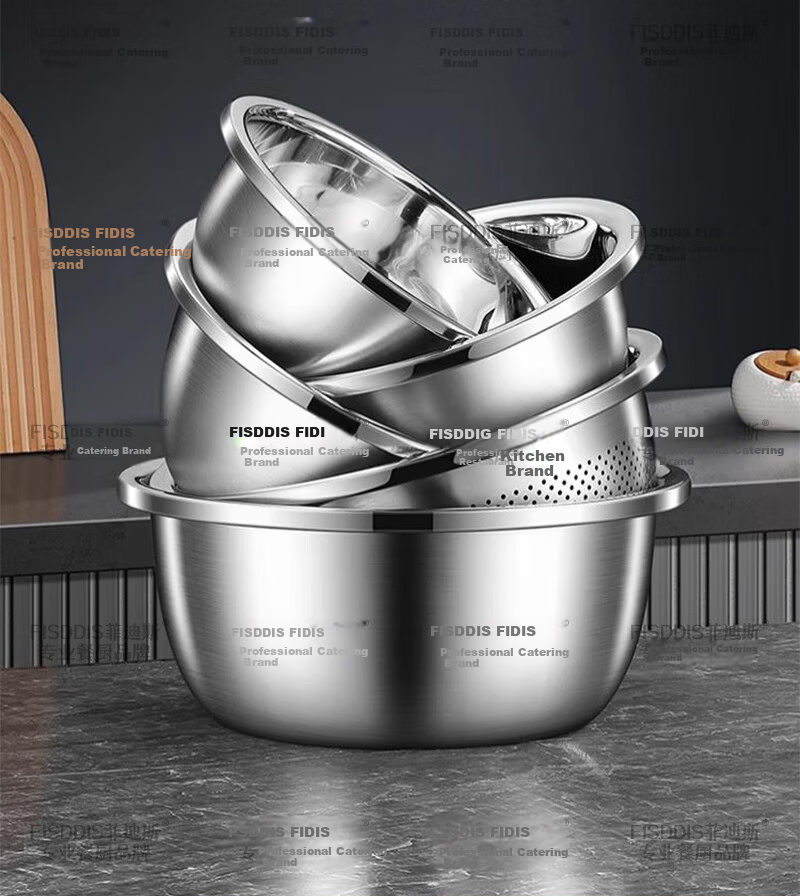 FISDDIS 304 Stainless Steel Bowl and Sieve 2-Piece Set Thick Soup Bowl Rice Washing Strainer Draining Basket 30cm Cooking Bowl LLPTZ-30 23
