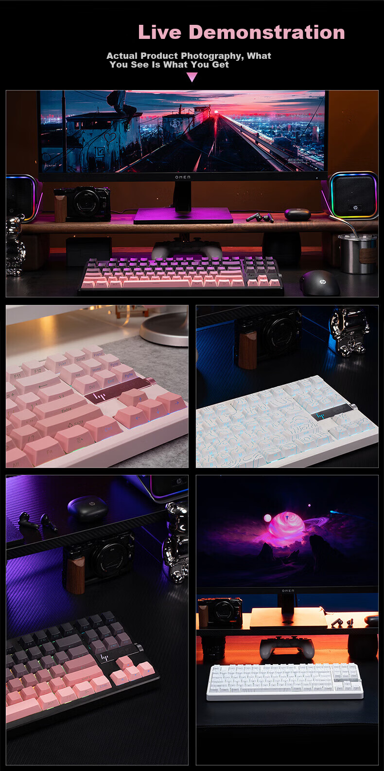 HP GT87 Custom Wireless Tri-Mode Bluetooth Gaming And E-Sports Dedicated Computer Keyboard with White Equal Height Lines And Glass Switches 12