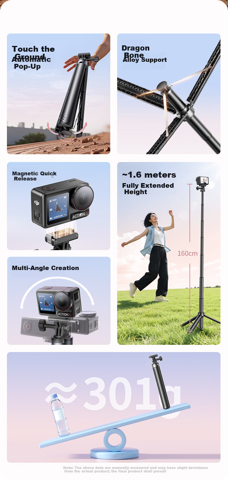 JIAHUACAI 1.6m Extension Selfie Stick Tripod for DJI Pocket4/3, Action6/5Pro, Insta360 Portable Handheld Pole 1