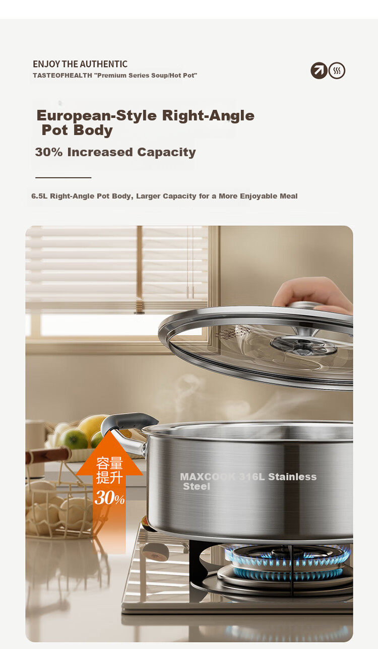 MAXCOOK 26cm 316L Stainless Steel Hot Pot Soup Pot with Lid, Compatible with Gas and Induction Cookers MCT7528 7