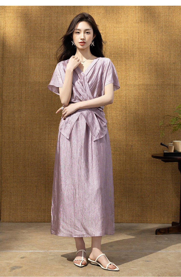 Demana Wrinkled Acetate Summer Elegant Luxury V-Neck Cross Waist Batwing Sleeve Lightweight Dress for Women High-End Feel 19