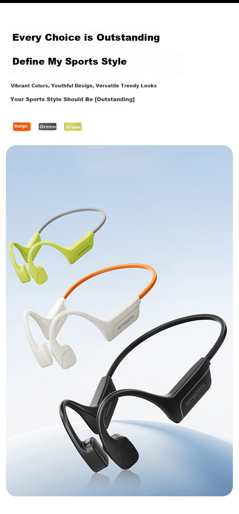 Skyworth G8 Bone Conduction Bluetooth Earphones Wireless Professional Sports Running Outdoor Open-Ear Swimming Compatible with Apple Huawei Xiaomi Waterproof Sweatproof 32GB Memory Starry Black 16