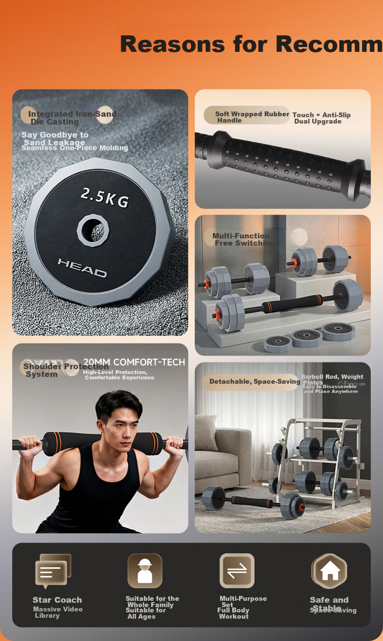 HEAD Dumbbell Barbell Men's Fitness Home Quick-Release Adjustable 20KG Set 4