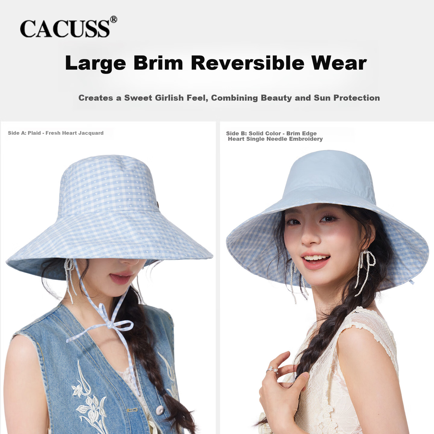 CACUSS Women's Wide Brim Sun Hat Summer Reversible Outdoor UV Protection Bucket Hat Yulan Blue