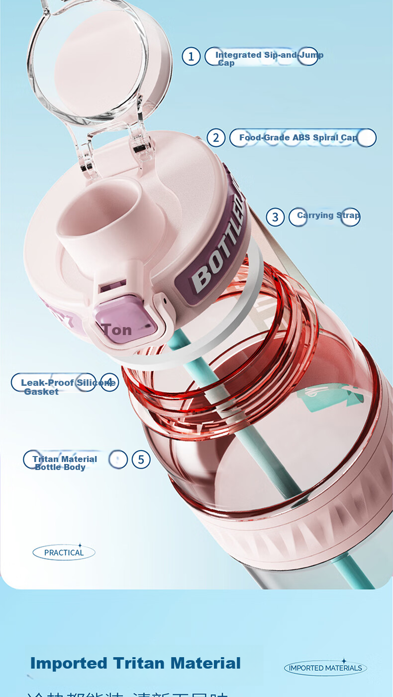 Dundunchang Dundun Bucket Children's Water Bottle Sports Bottle Large Capacity Dundun Cup High Temperature Resistant Tritan Summer Plastic Cup 6