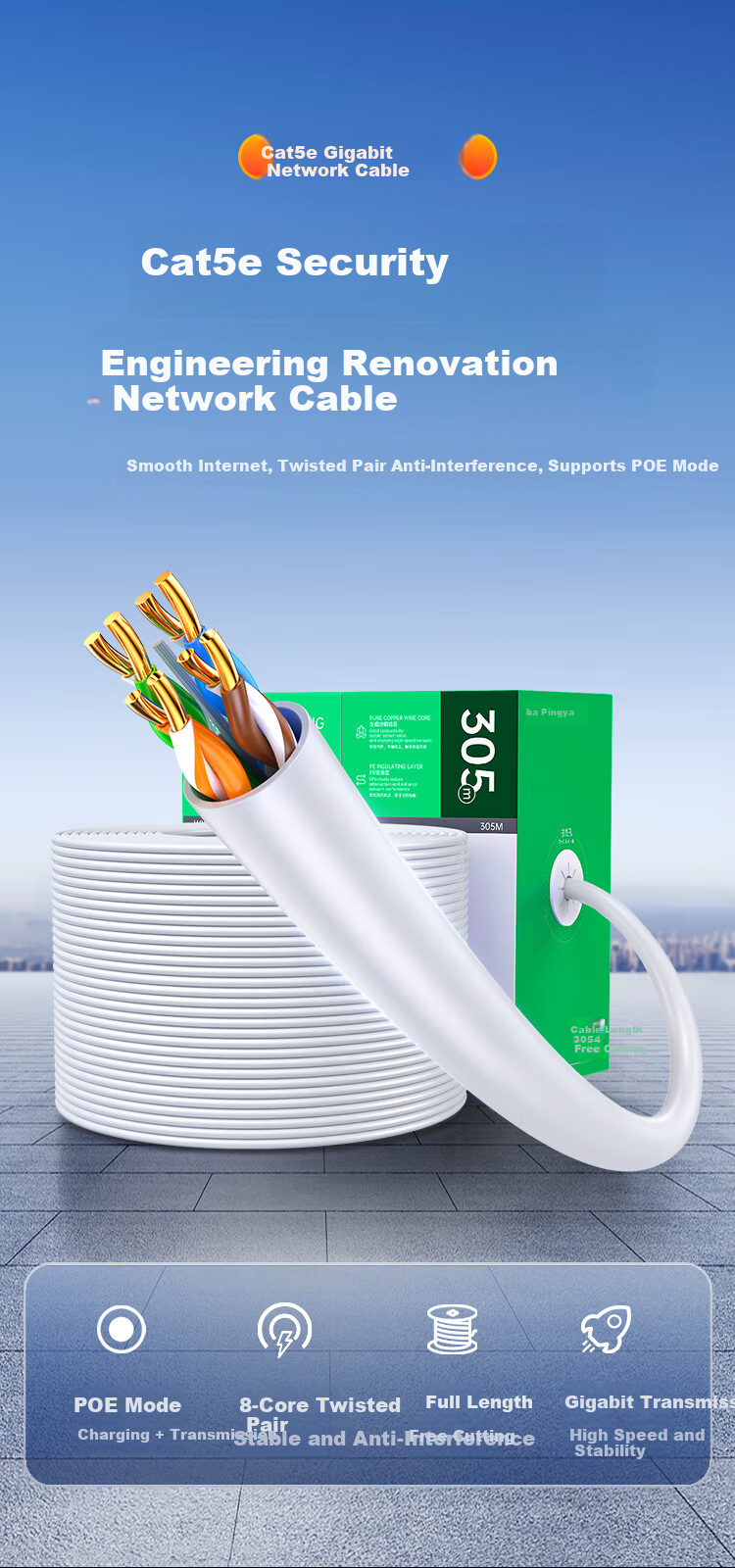 BIAZE Cat5e Unshielded Ethernet Cable Pure Copper Core Gigabit Network Cable 305m White Full Box for Engineering Home Network Surveillance POE Wiring 2